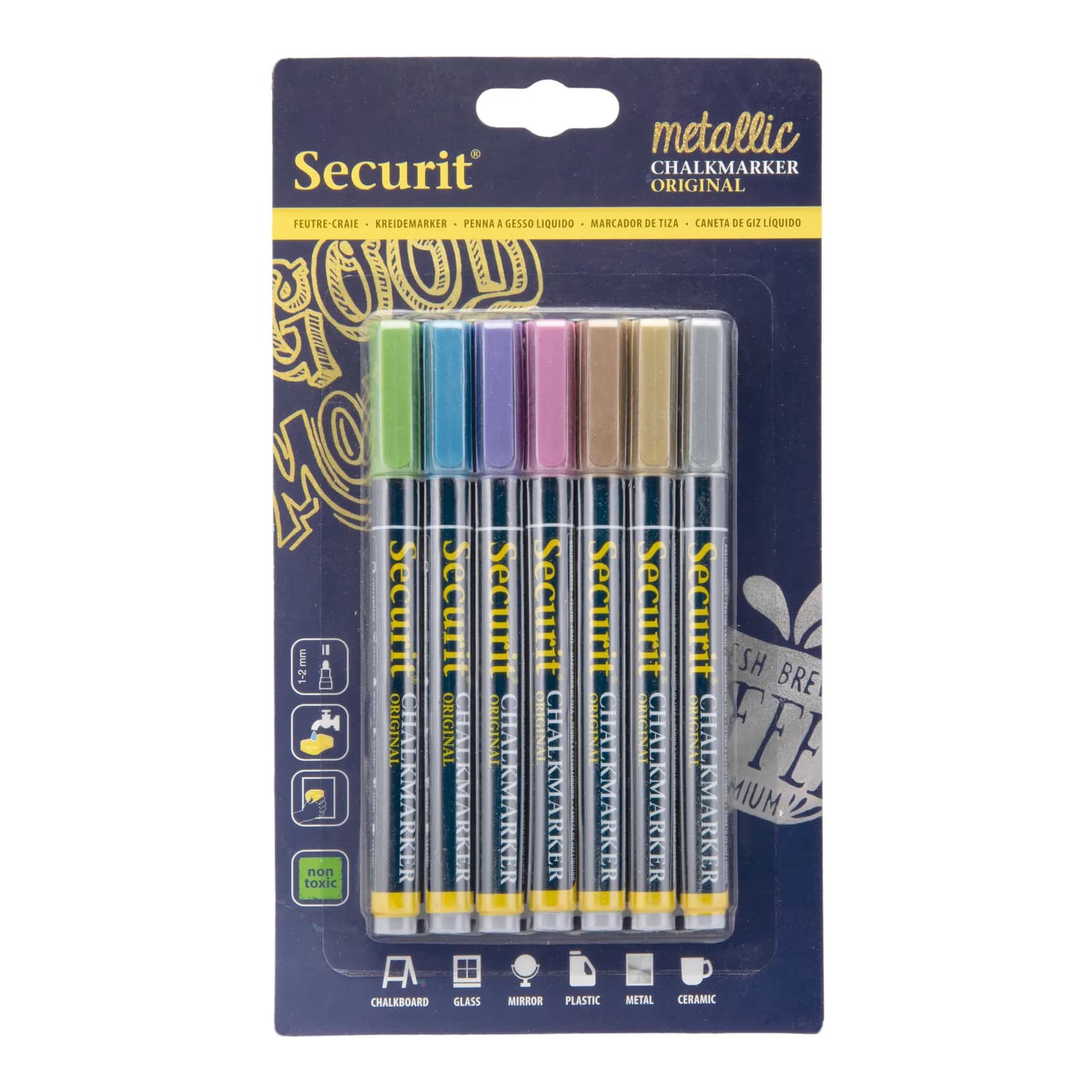 Securit® Lot de 7 Feutres-craie à encre liquide -  Vert, Bleu, Violet, Rose, Bronze, Doré, Argenté - Taille de mine 1-2m