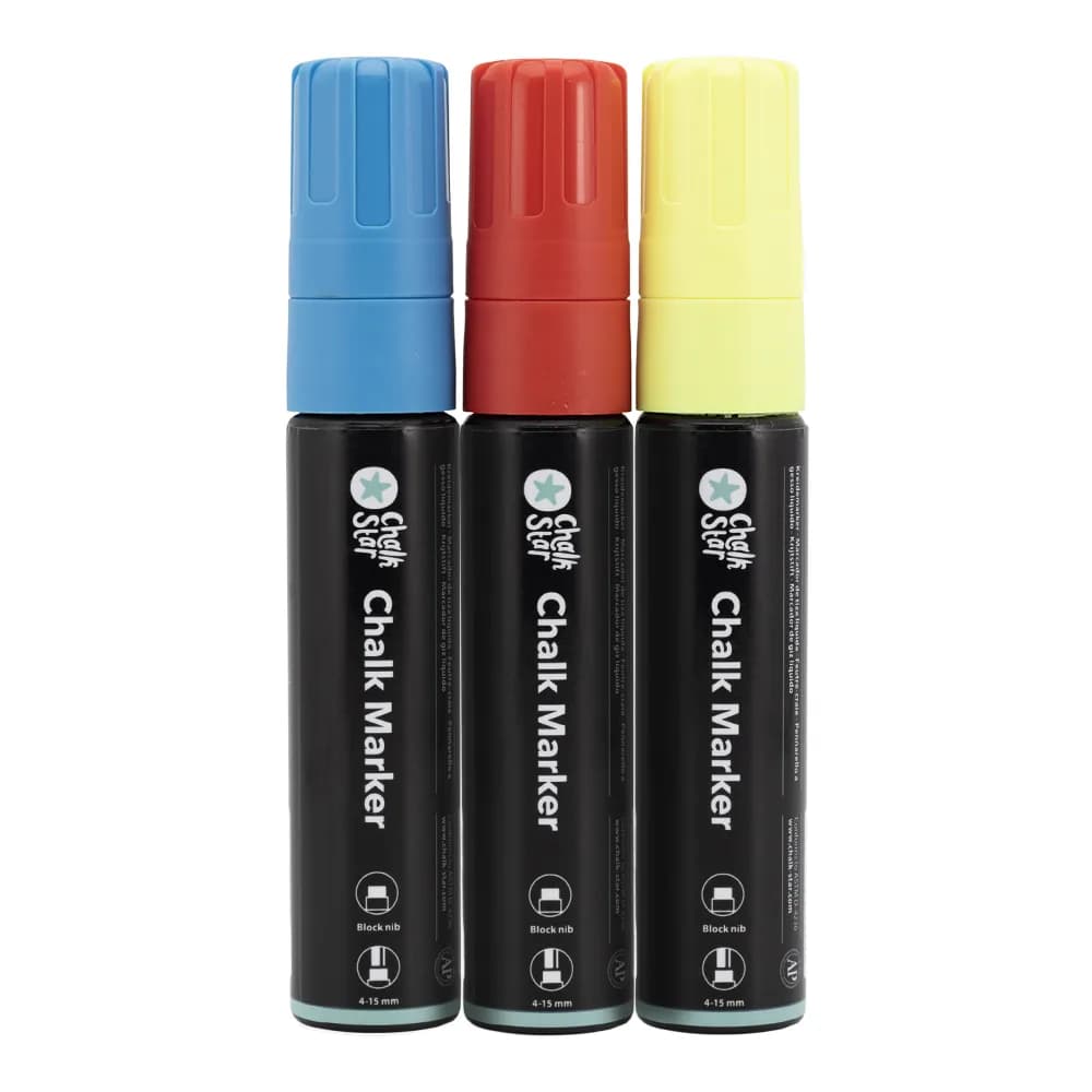 Chalkstar® Lot de 3 Feutres-craie premier prix - Rouge, Jaune, Bleu - Taille de mine grosse