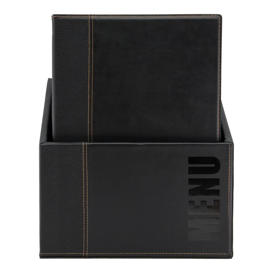 Securit® Boite contenant 20 Protège-menus A4 "Trendy" - Noir - Simili-cuir - 4 vues
