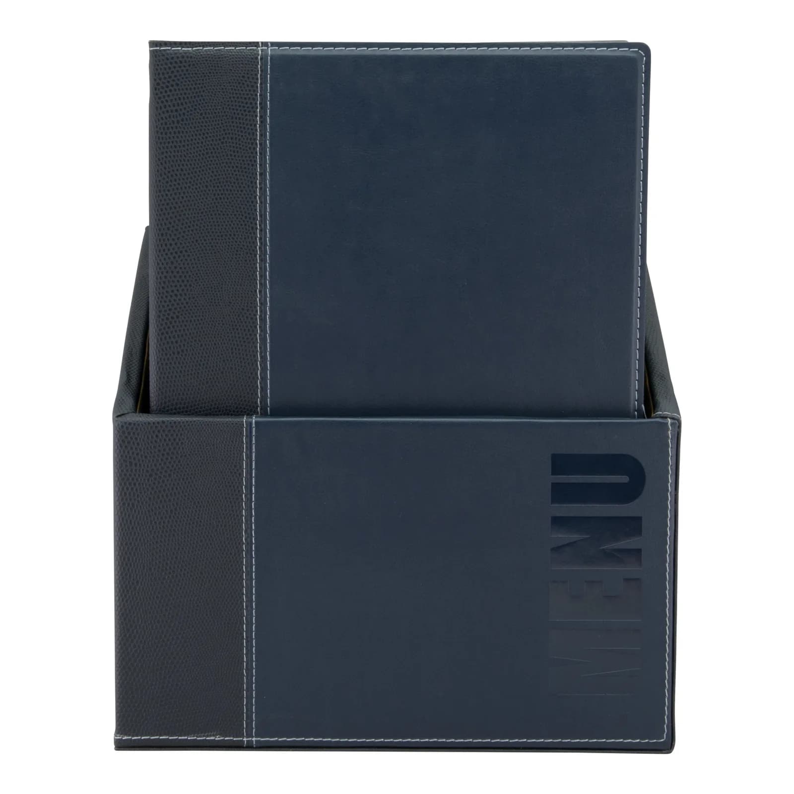 Securit® Boite contenant 20 Protège-menus A4 "Trendy" - Bleu - Simili-cuir - 4 vues