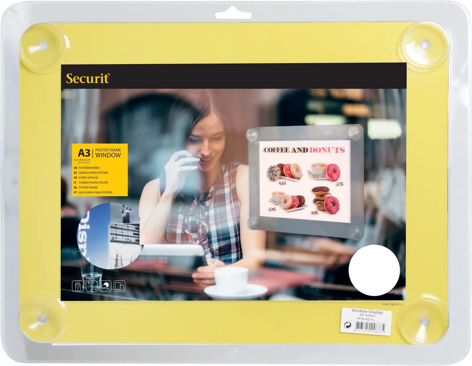 Securit® Porte-affiche A3 pour vitrine - Jaune - Avec 4 ventouses - Double-face