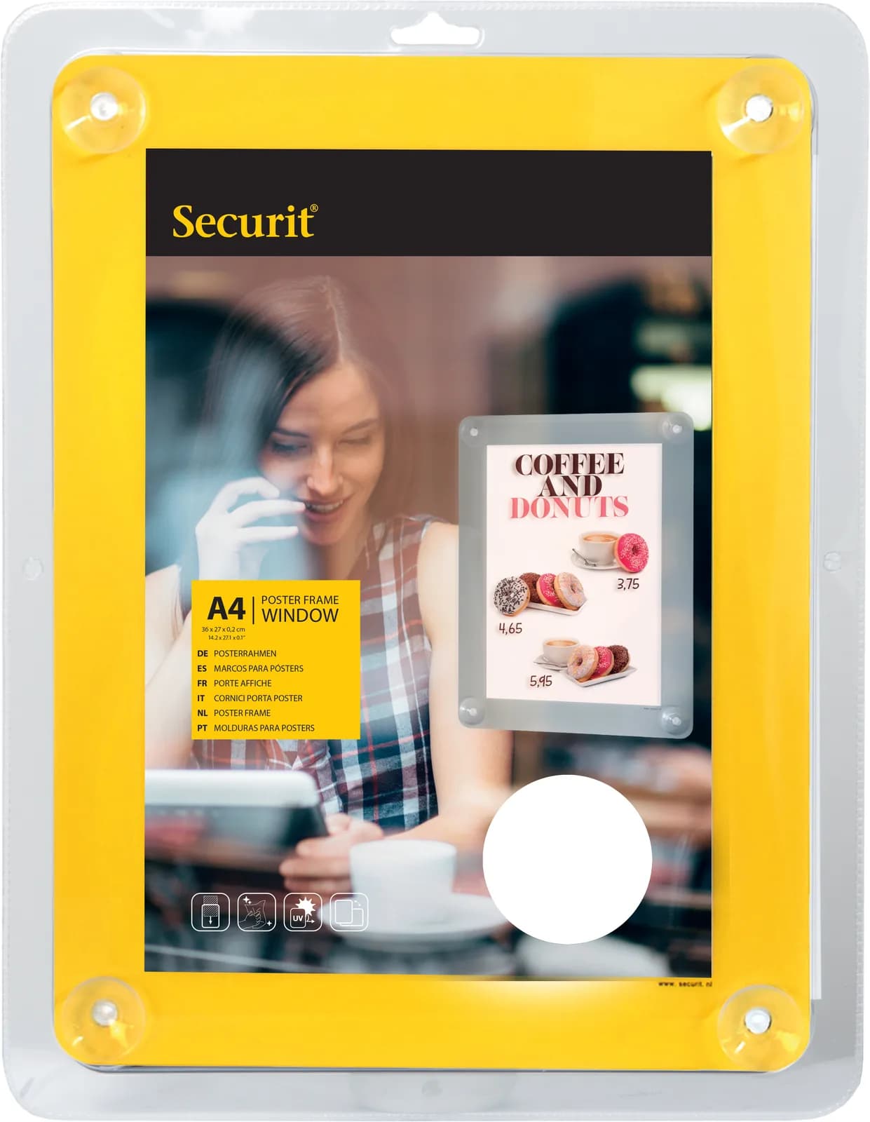 Securit® Porte-affiche A4 pour vitrine - Jaune - Avec 4 ventouses - Double-face