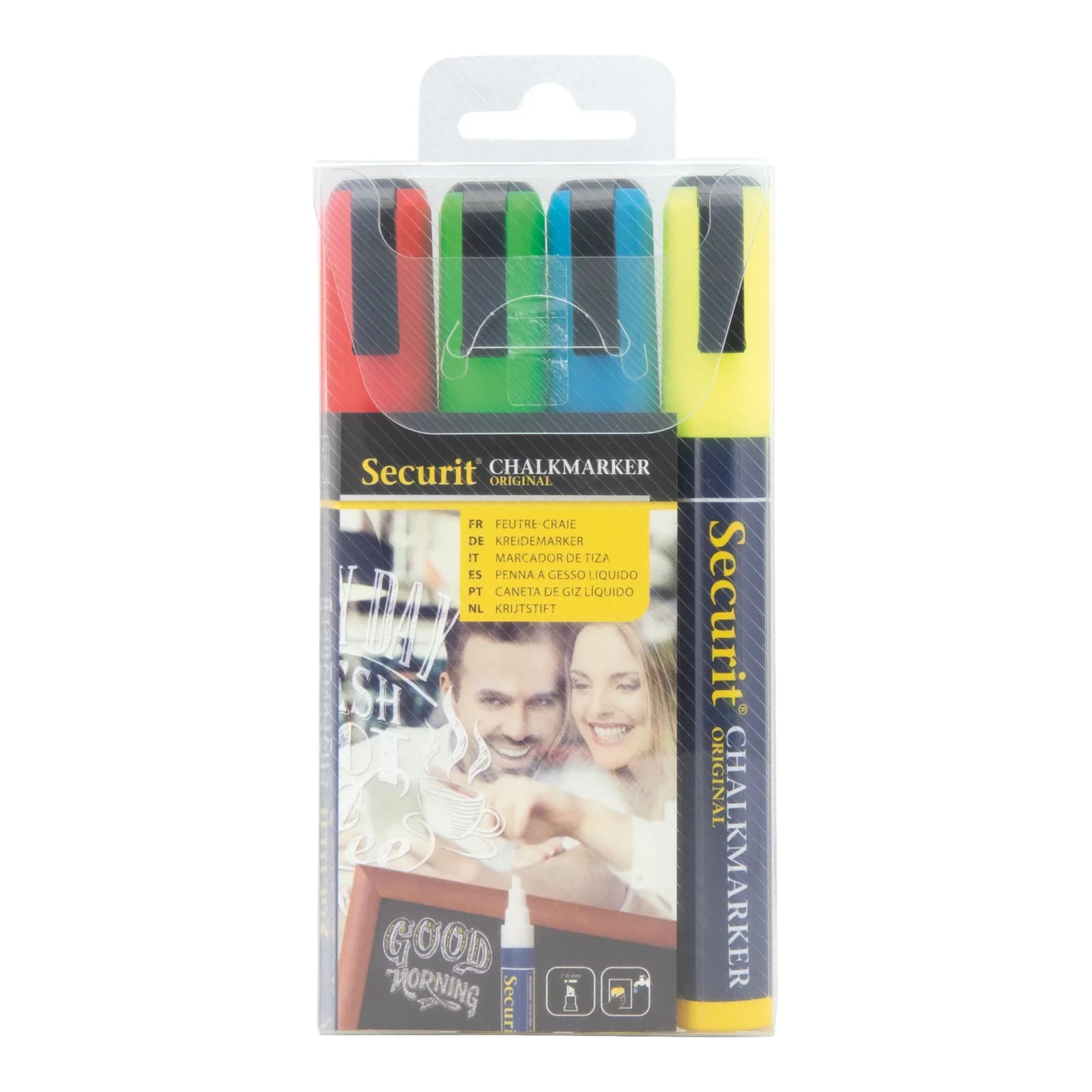 Securit® Lot de 4 Feutres-craie à encre liquide - Jaune, Vert, Bleu, Rouge - Taille de mine 2-6mm biseautée