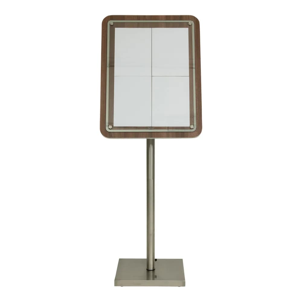 Securit® Présentoir porte-menu  4A4 "Glass Star" - Noyer - Pied (85 cm) + socle + roulettes