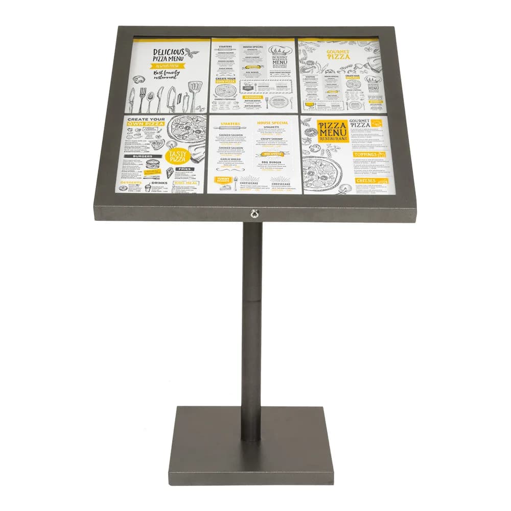 Securit® Présentoir porte-menu LED 6A4 "Coated Steel" - Gris - Pied (95 cm) + socle + roulettes